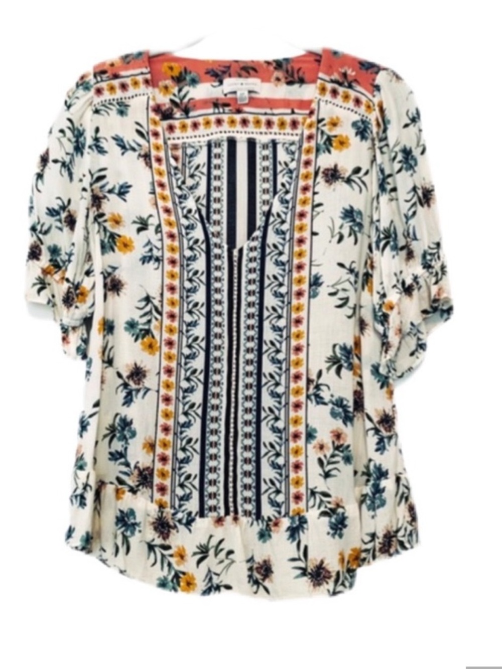 Lucky Brand Ruffle hem v-neck blouse blue size S